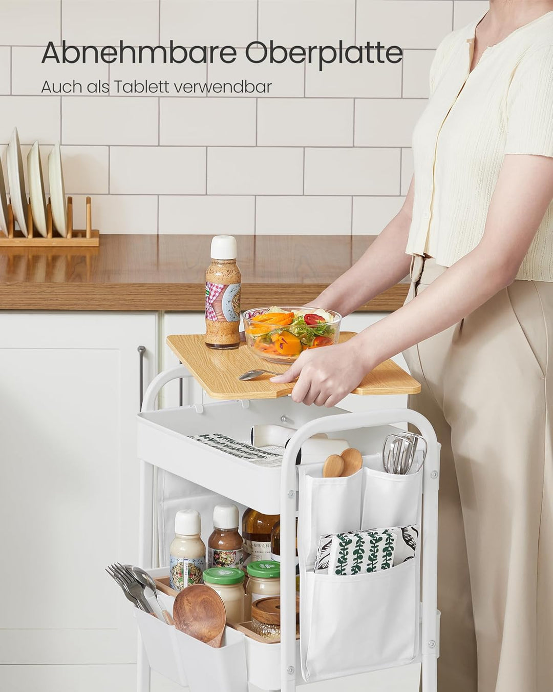 SONGMICS Rollwagen, Küchenwagen, 3 Metallgitterablagen, Servierwagen, 2 abnehmbare Hängebehälter, 2