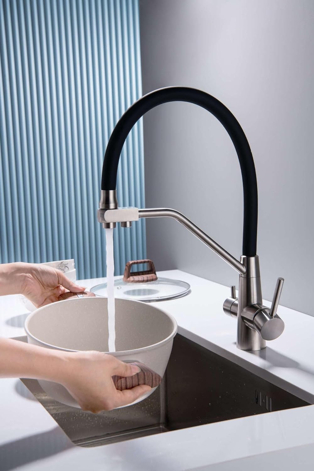 3 Wege Wasserhahn Küche, Küchenarmatur Ausziehbar Trinkwasserhahn, 3 in 1 Mischbatterie für Wasserfi