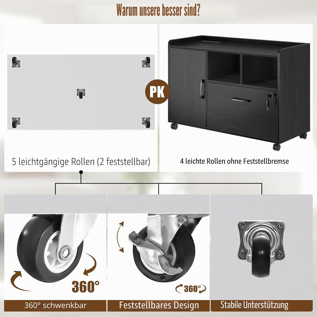 GIANTEX Rollcontainer mit 5 Schubladen &amp; Schrank, Aktenschrank mit Rollen, Schubladenschrank Holz un