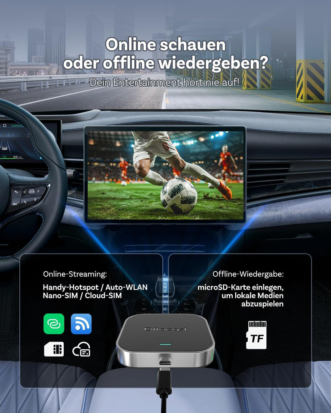 OTTOCAST E2 AI Box, 2026 Upgrade 3-in-1 Wireless CarPlay & Android Auto Adapter, Android 13 Car Mult