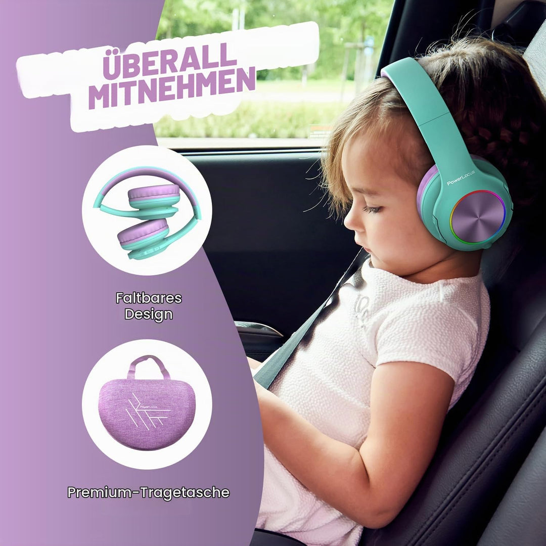 Kinderkopfhörer Bluetooth, PowerLocus Kinder Kopfhörer Kabellos mit LED-Leuchten 74/85/94dB Lautstär