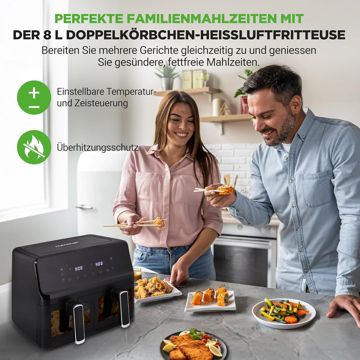 NutriChef Heissluftfritteuse 8L Doppelt – Airfryer mit 2 Fächern, Sichtfenster & 9 Programmen, max.
