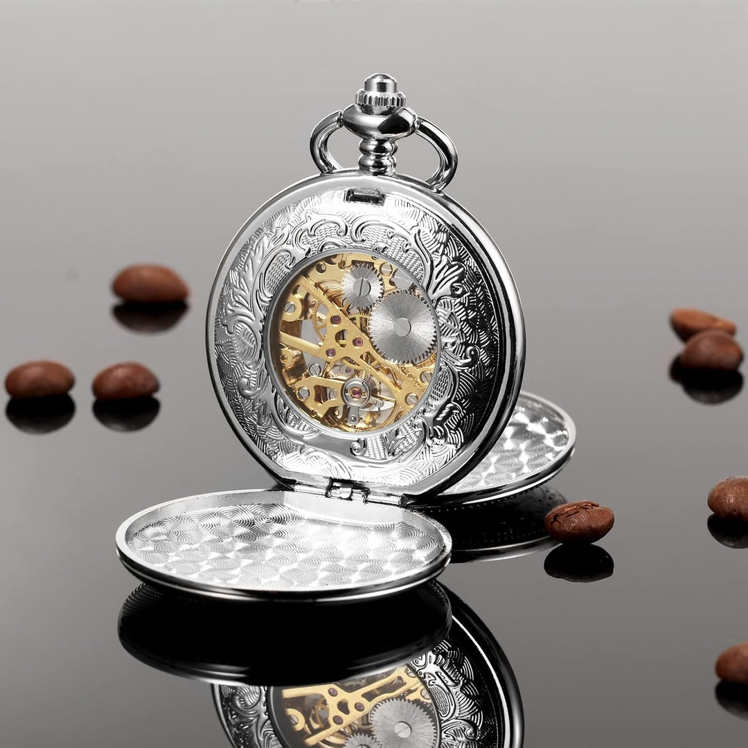 TREEWETO Herren-Taschenuhr mit doppeltem offenem Gehäuse, mechanischer Handaufzug, silberfarbene Tas