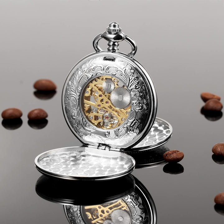 TREEWETO Herren-Taschenuhr mit doppeltem offenem Gehäuse, mechanischer Handaufzug, silberfarbene Tas