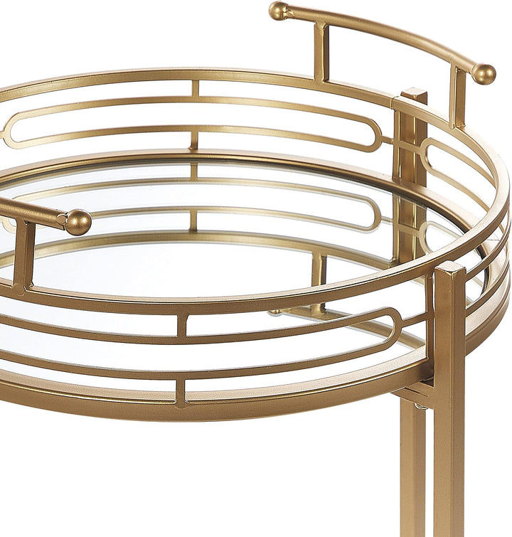 Beliani Servierwagen Eisen Gold Glasplatte Spiegeleffekt rund 4 Rollen 2 Griffe Farley