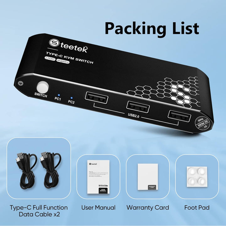 USB C KVM Switch 2 In 1 Out,4K@60Hz, KVM Switches USB2.0,HDMI 2.0, PD3.0,Type C Switch,USB C KVM 2 P