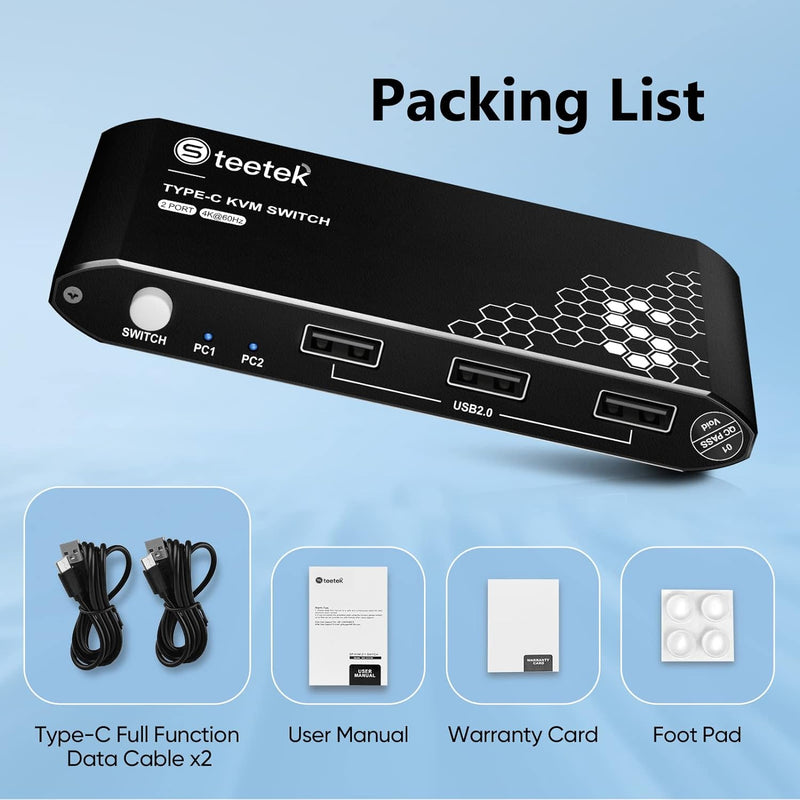 USB C KVM Switch 2 In 1 Out,4K@60Hz, KVM Switches USB2.0,HDMI 2.0, PD3.0,Type C Switch,USB C KVM 2 P
