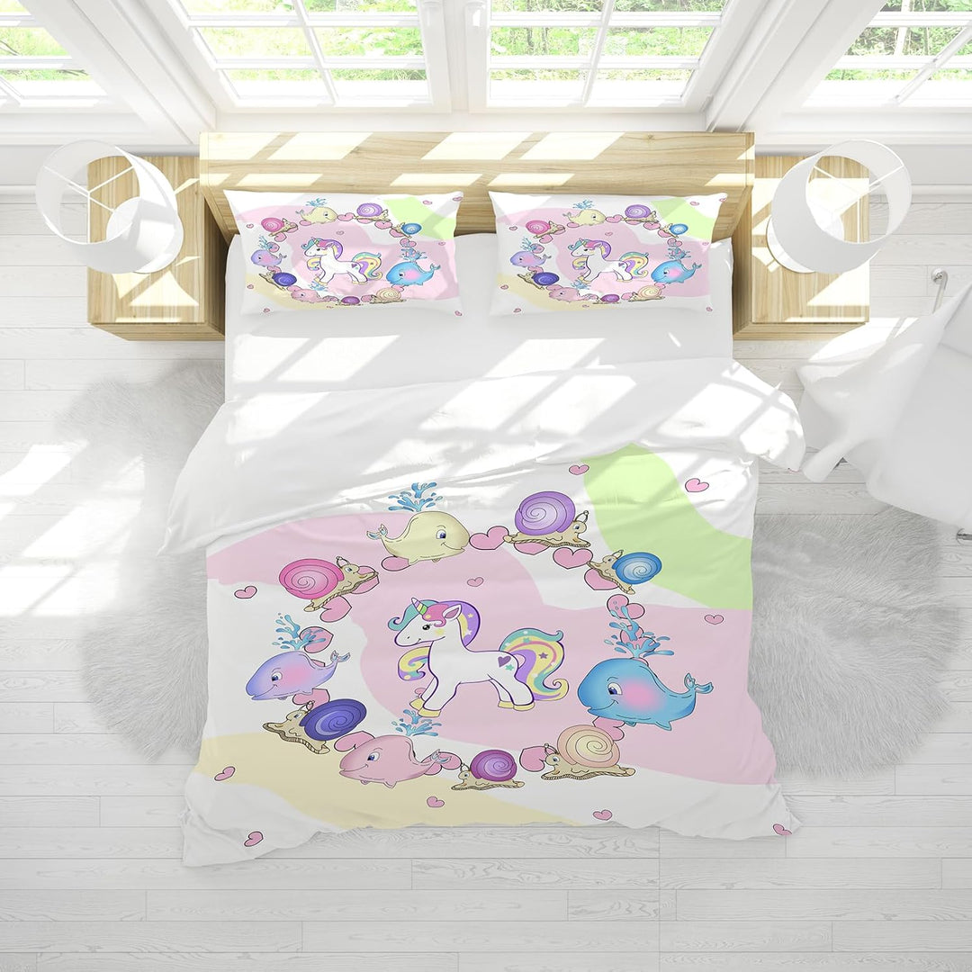 Hoimlm Einhorn Bettwäsche,Kinder Bettwäsche Set mit Bettbezug and 2 Kissenbezug,Cartoon Einhorn mikr