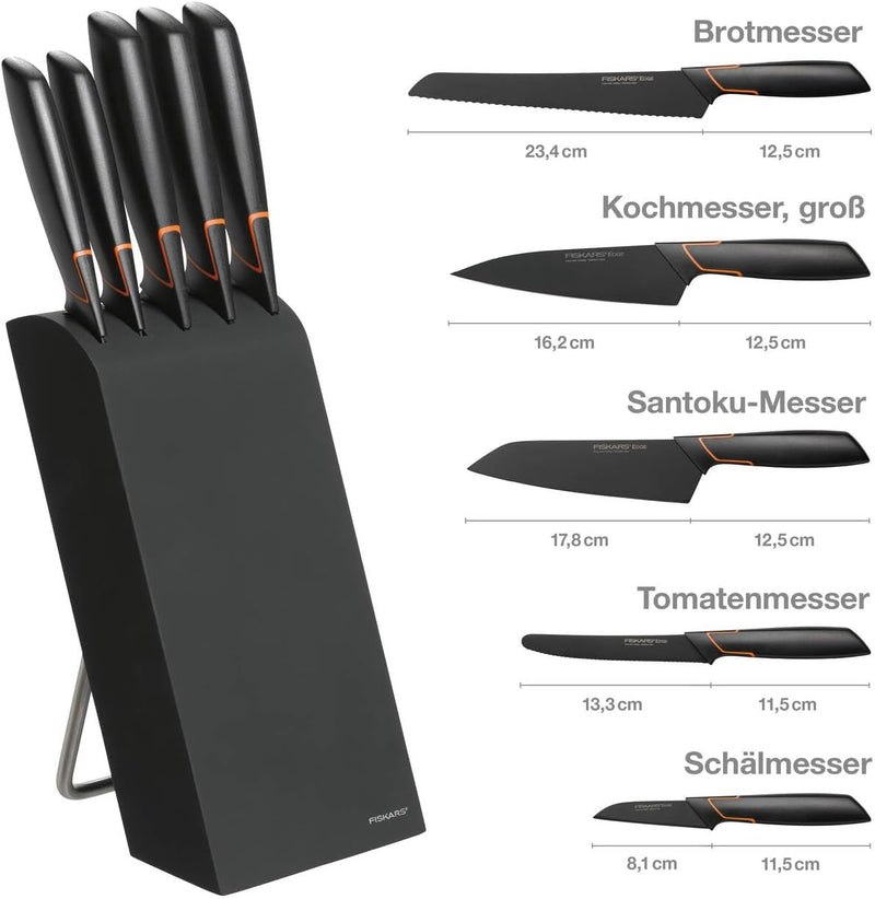 Fiskars Design-Messerblock mit 5 Messern, Breite: 15,5 cm, Höhe: 37 cm, Birkenholz, Schwarz, Edge, 1