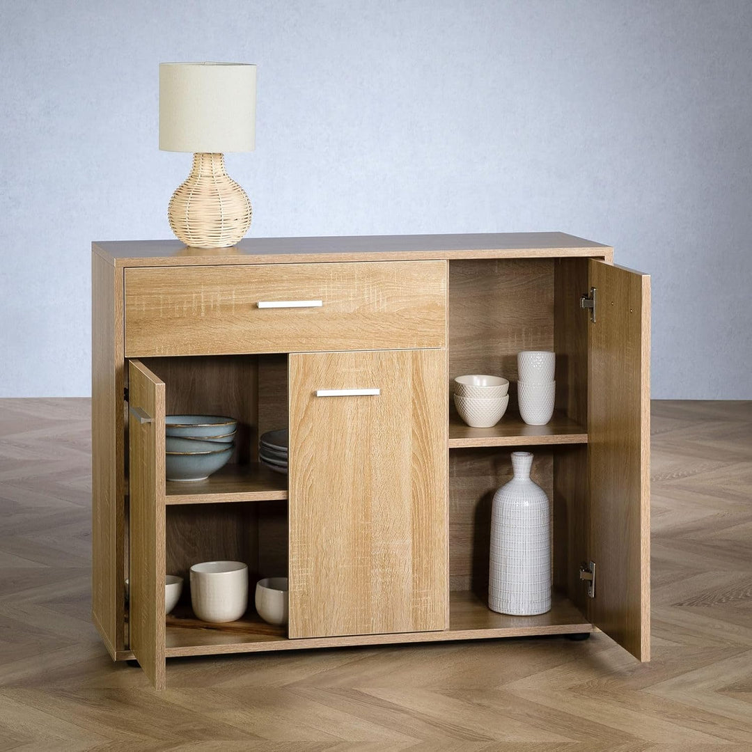 CARO-Möbel Sideboard Estelle Mehrzweckschrank, Sonoma Eiche mit 3 Türen und 1 Schublade, 88 cm breit