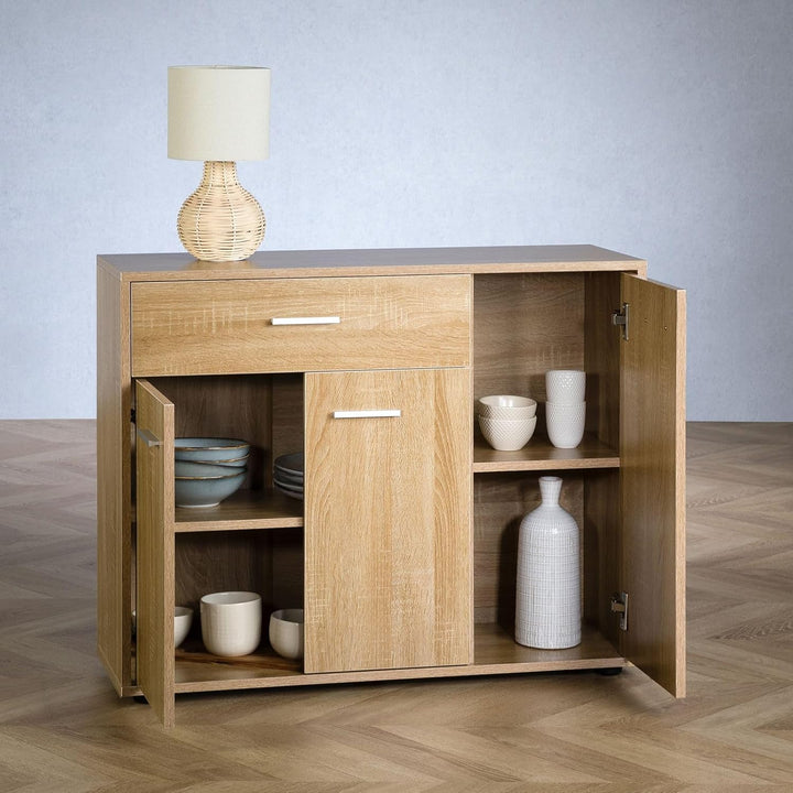 CARO-Möbel Sideboard Estelle Mehrzweckschrank, Sonoma Eiche mit 3 Türen und 1 Schublade, 88 cm breit