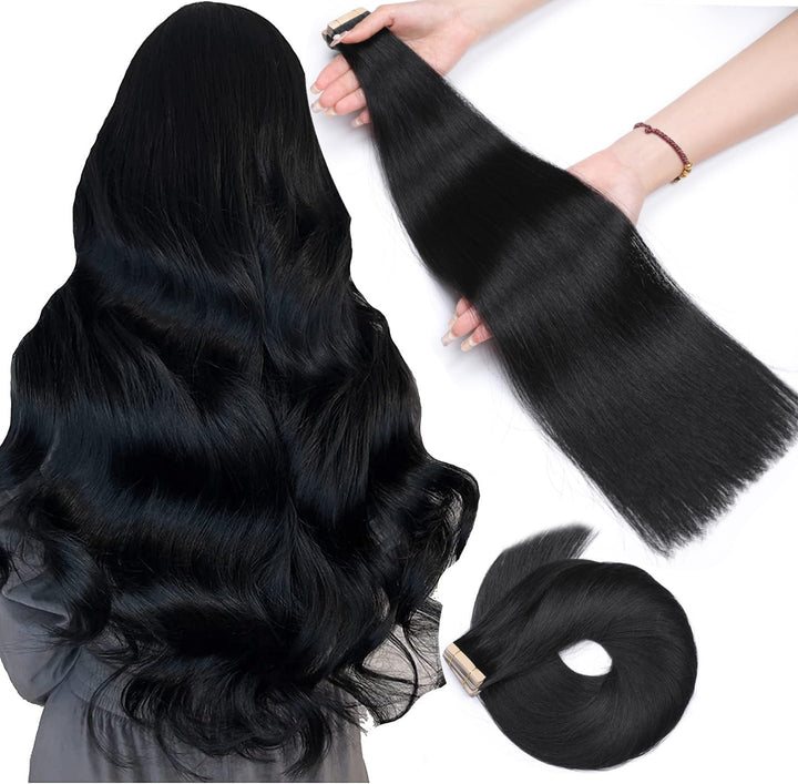 HotLulana Tape Extensions Echthaar 40stück 80g Jet Schwarz Skin Weft Extensions echthaar 100% Natürl