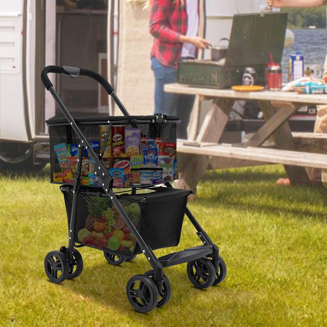 Bollerwagen Klappbarer Warenkorb 50kg Tragkraft 2 Ebenen,Abnehmbare Handtasche 4 Räder,Zusammenklapp