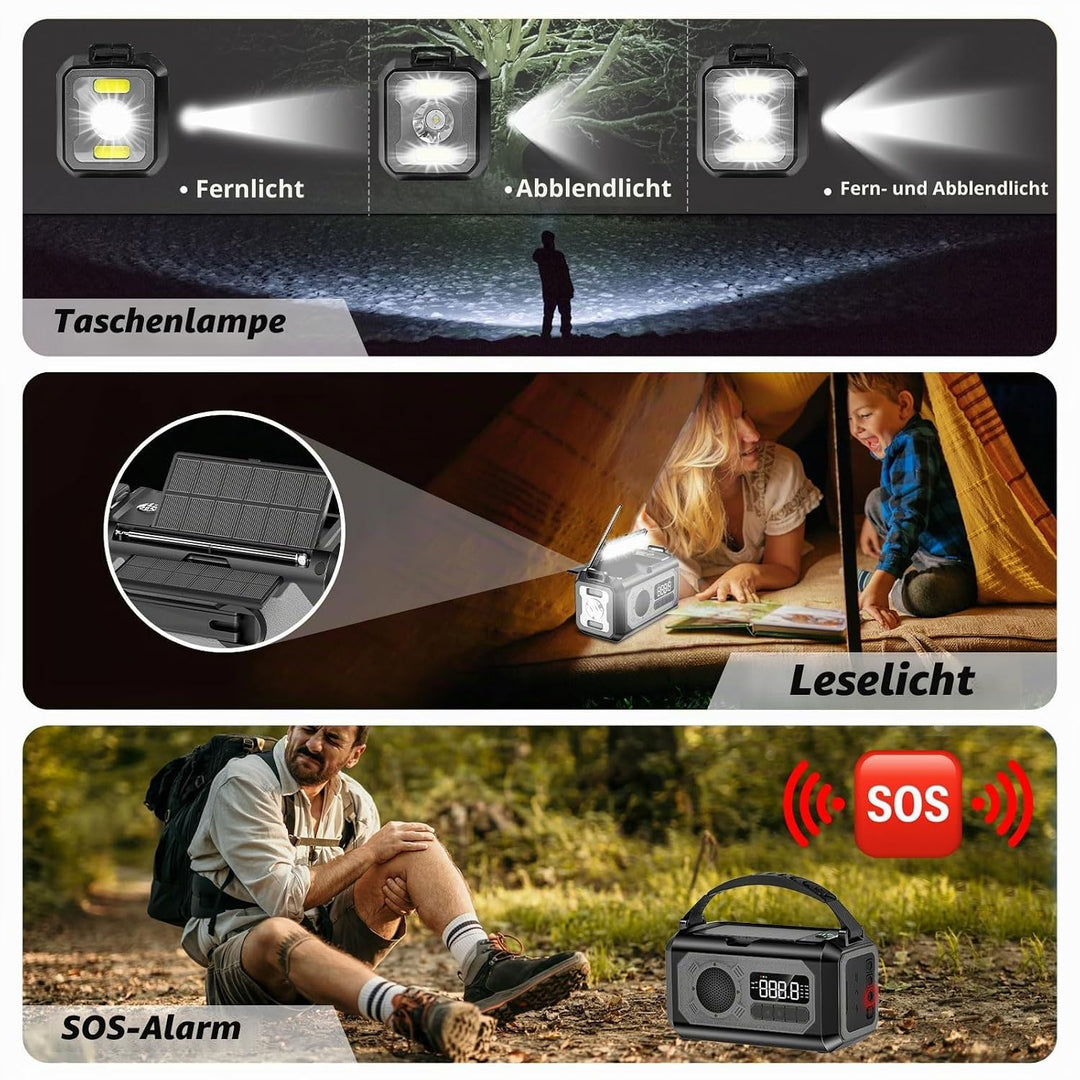 12000mAh Kurbelradio mit Handyladefunktion, Solar Radio mit 2 Sonnenkollektoren, AM/FM Tragbar Notfa