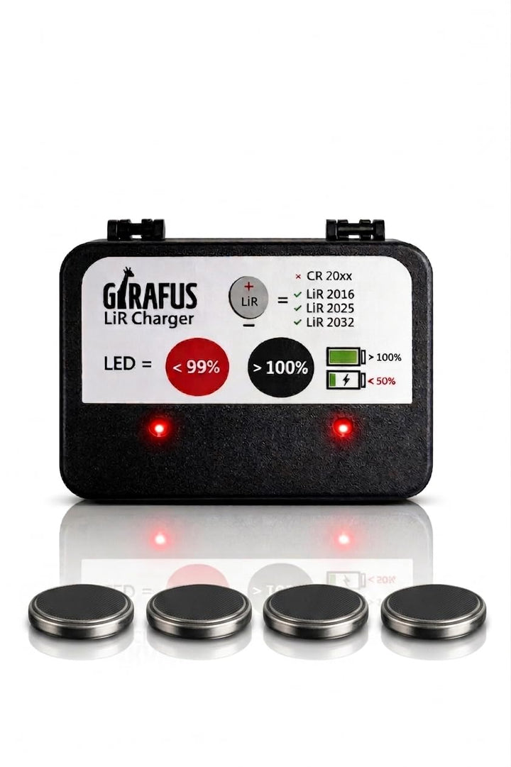 Girafus Knopfzellen Ladegerät für LIR-2032/2016 / 2025 Akkus USB Batterieladegerät Inklusive 4X LiR2