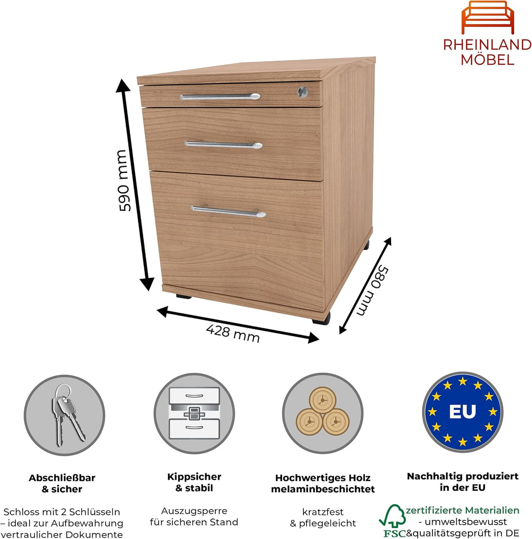 Rollcontainer CADI 43×58×59 cm – abschliessbarer Bürocontainer in Nussbaum mit Orga-, Universal- und