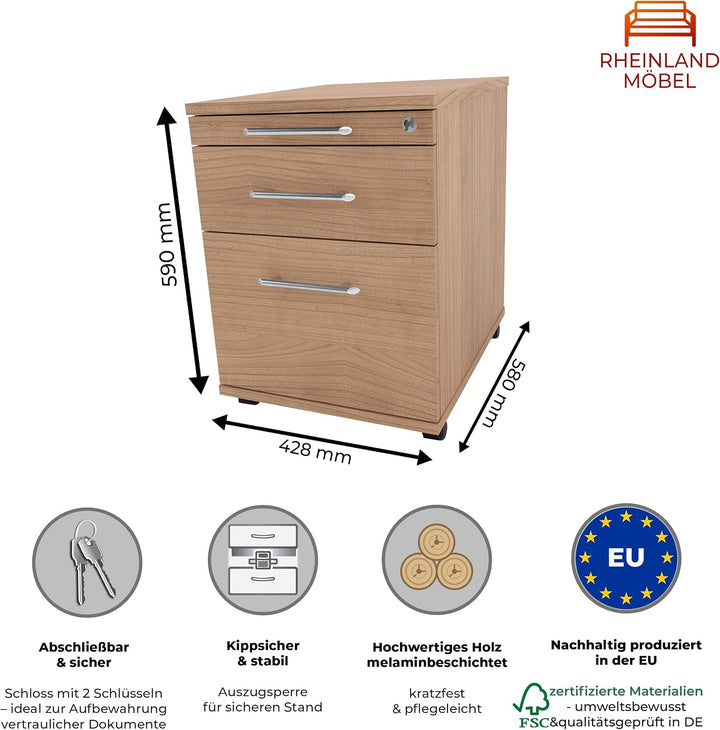 Rollcontainer CADI 43×58×59 cm – abschliessbarer Bürocontainer in Nussbaum mit Orga-, Universal- und