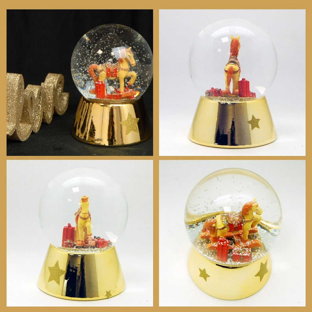 Weihnachts-Schneekugel mit Musik | Schneekugel Schaukelpferd mit Geschenken | Sockel Gold glänzend m