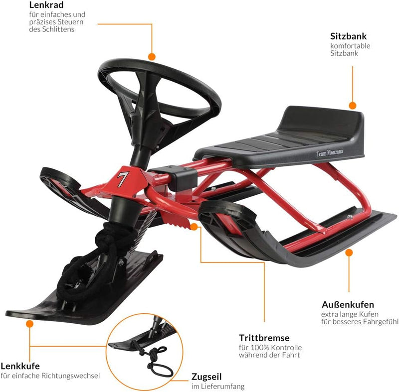 Monzana Lenkschlitten 60-75 kg Bremse Lenkrad Rückenlehne Zugseil Gepolsterter Sitz Schlitten Rodel