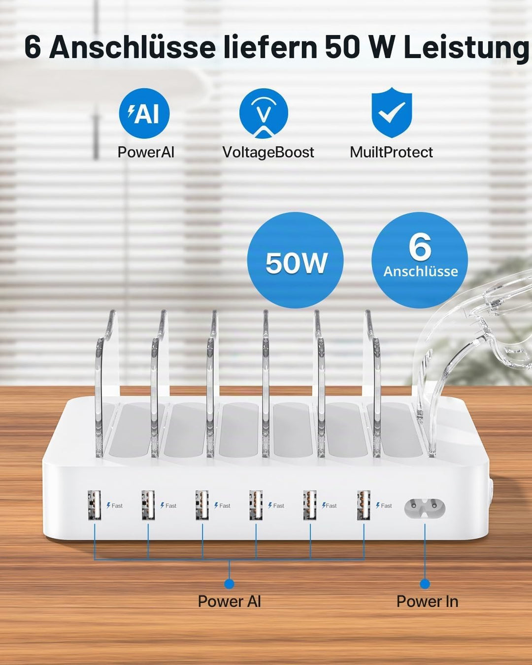 SooPii USB-Ladestation Organizer für mehrere Geräte, 6 Ports 50W Ladestation mit 6 Kabeln und aktual
