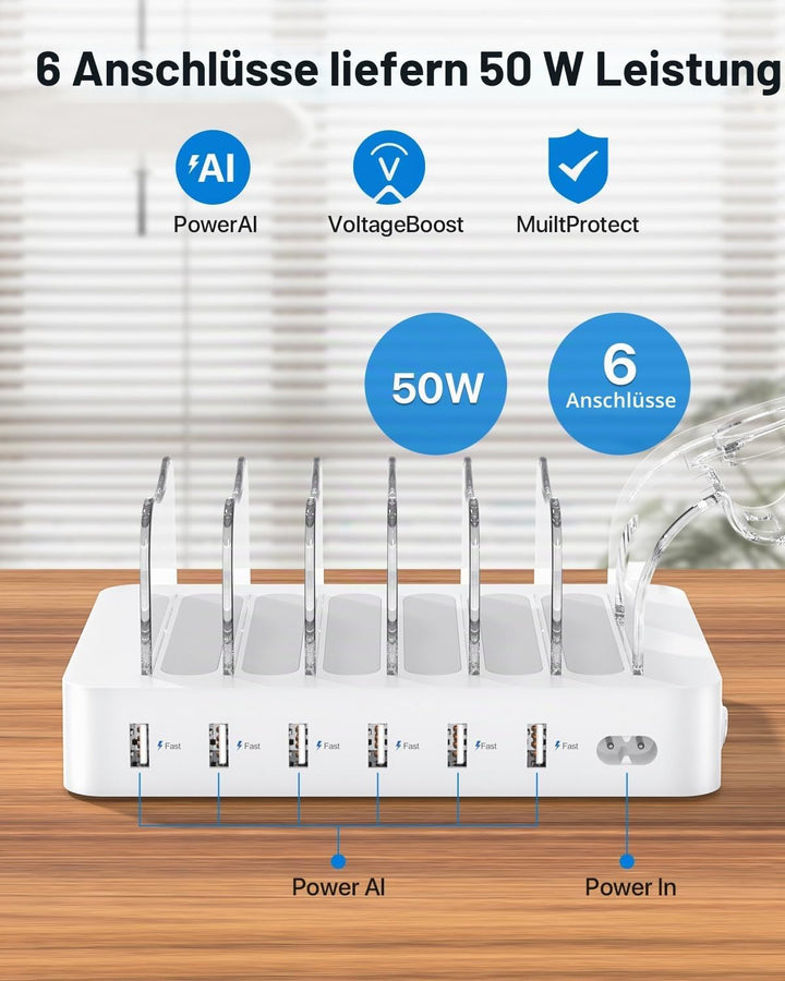 SooPii USB-Ladestation Organizer für mehrere Geräte, 6 Ports 50W Ladestation mit 6 Kabeln und aktual