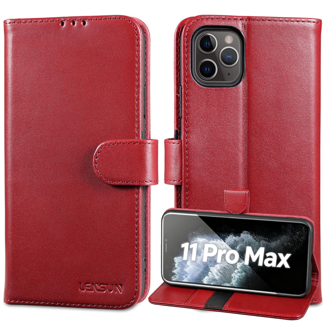 LENSUN Echtleder Hülle für iPhone 11 Pro Max, Handyhülle [Echtes Leder][Kartenfach][RFID Schutz] Han