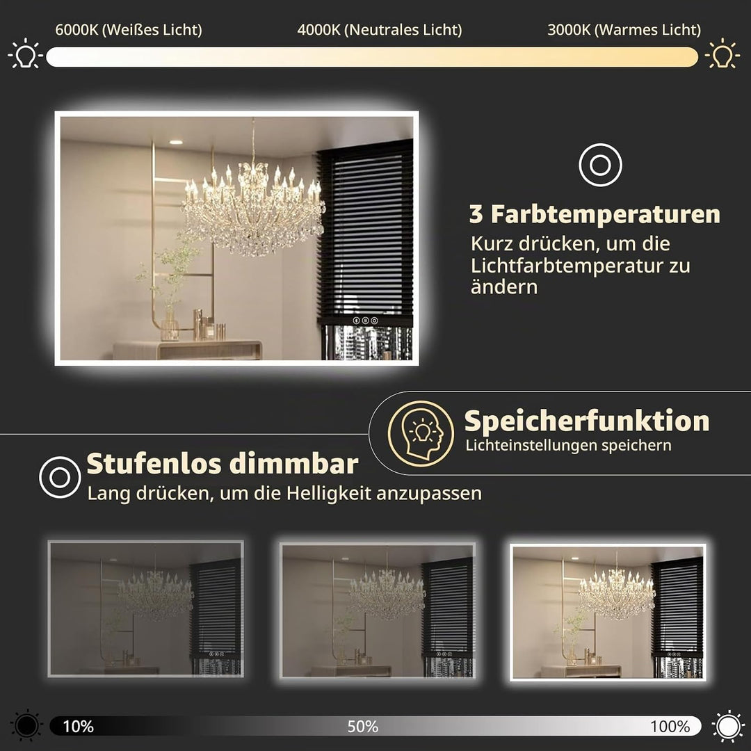 100x70cm LED Spiegel Bad Mit Bluetooth, Badezimmerspiegel Mit Licht, Badspiegel Badezimmer mit Defog