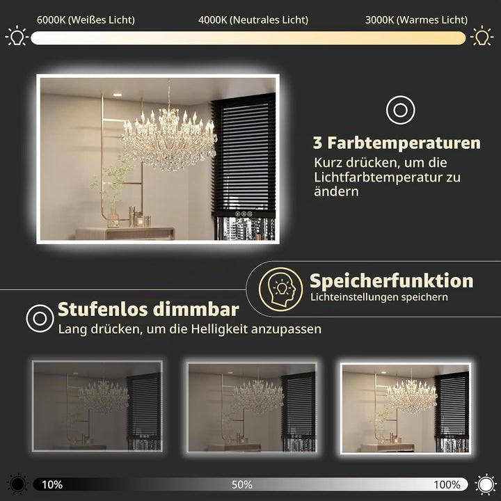 100x70cm LED Spiegel Bad Mit Bluetooth, Badezimmerspiegel Mit Licht, Badspiegel Badezimmer mit Defog