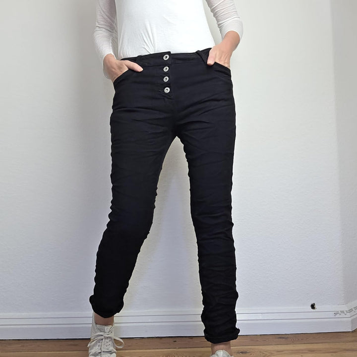 Jewelly Stretch Jeans| im Baggy Boyfriend Schnitt| Damen Hose mit dekorativer Knopfleiste| Perfekter