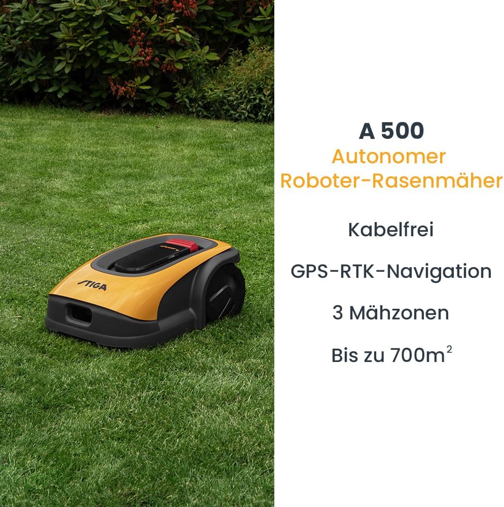 Autonomer Mähroboter, STIGA A500, Flächen bis zu 500m², arbeitet mit GPS-Technologie, Steigungen bis