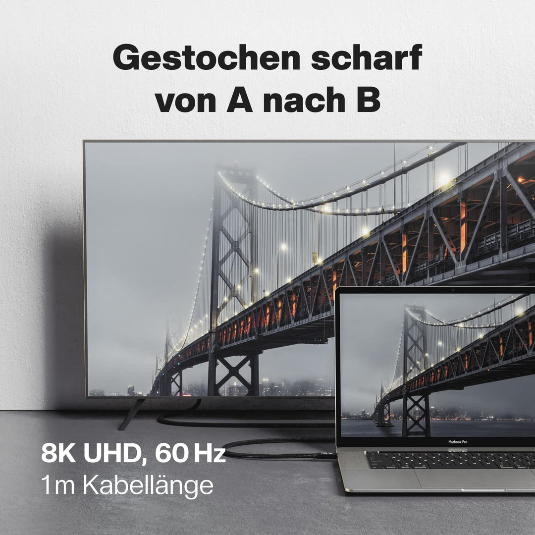 CABLETEX 1m USB 4 Gen3x2 Monitorkabel für Thunderbolt 3, USB C | 40GBit/s | 8K Video | 100W | 5A | 2