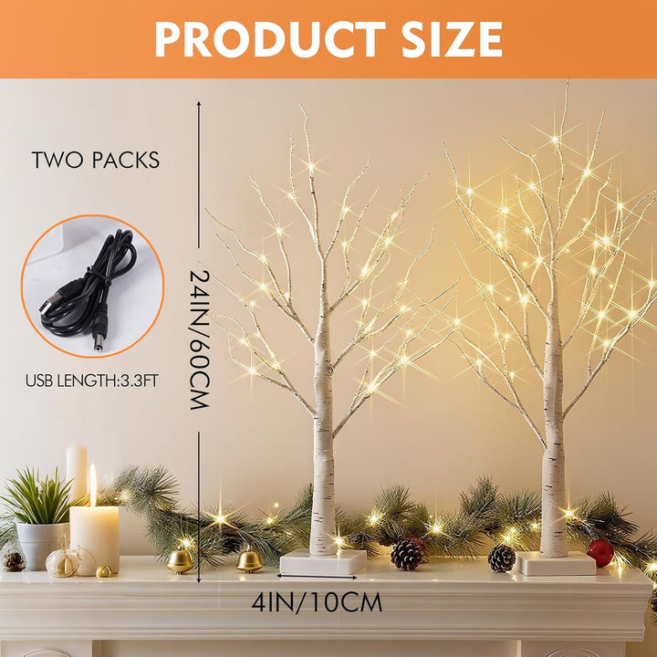 2er Set Lichterbaum Birke 60cm mit 24 Warmweissen LEDs, Verstellbare Äste Christmas LED Baum Dekolic