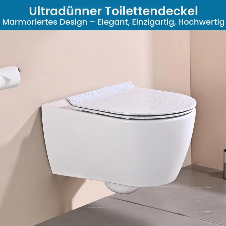 WC Sitz mit Absenkautomatik, Toilettendeckel d Form, Weiss Marmor Klodeckel, Klobrille Softclose, To