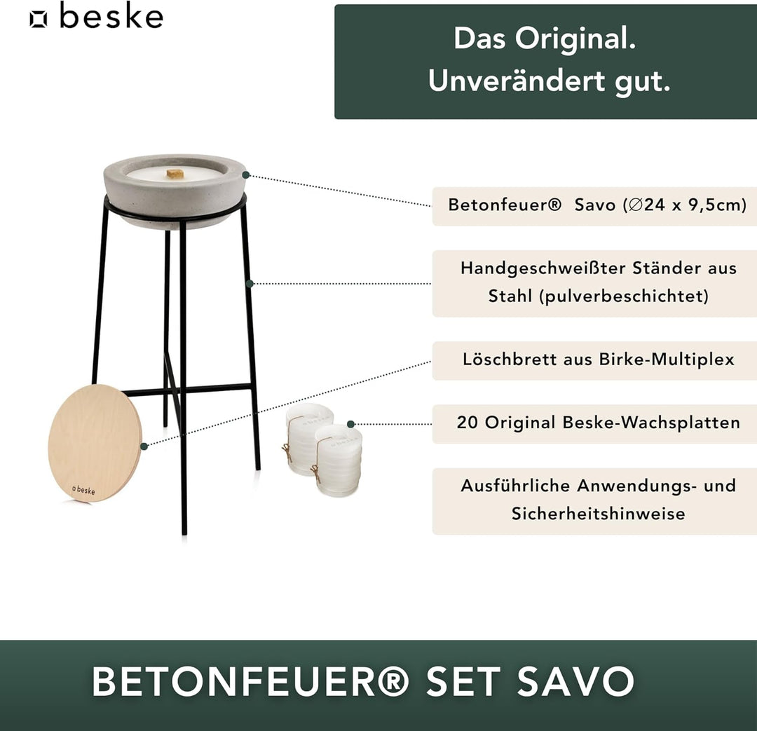 Original Betonfeuer Set inkl. Ständer Löschbrett und Nachfüllwachs | Pulverbeschichteter Ständer | H