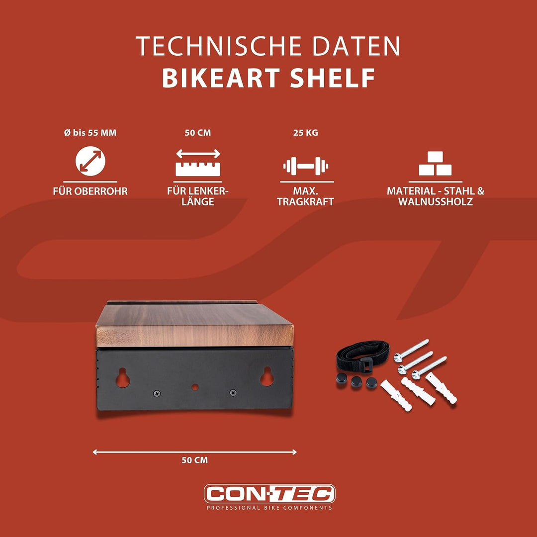 CONTEC Wandpräsenter bikeART shelf, 25kg, aus Stahl und Walnussholz, inkl. Befestigungsmaterial, für
