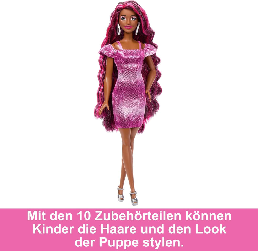 Barbie-Puppe, Fun & Fancy-Haar mit extralangem farbenfrohem schwarzem Haar und schimmerndem rosa Kle