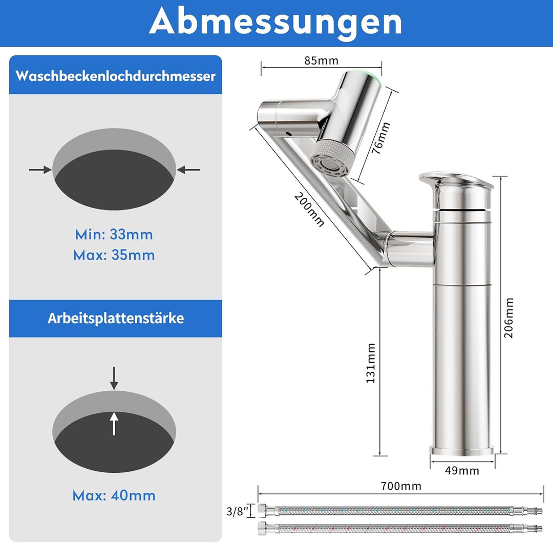 JONKEAN Wasserhahn Bad mit Temperaturanzeige(Batterielos), 1080° Drehbar Einhebelmischer Waschbecken