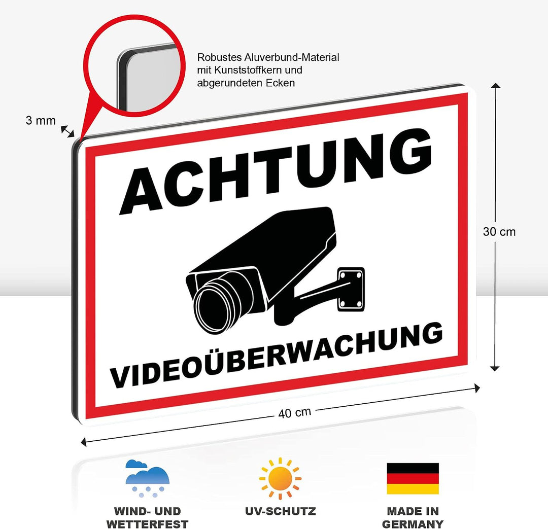2 Stück XXL Achtung Videoüberwachung Schild 40 x 30 cm Alu 3mm Alu-Dibond stabile Aluminiumverbundpl