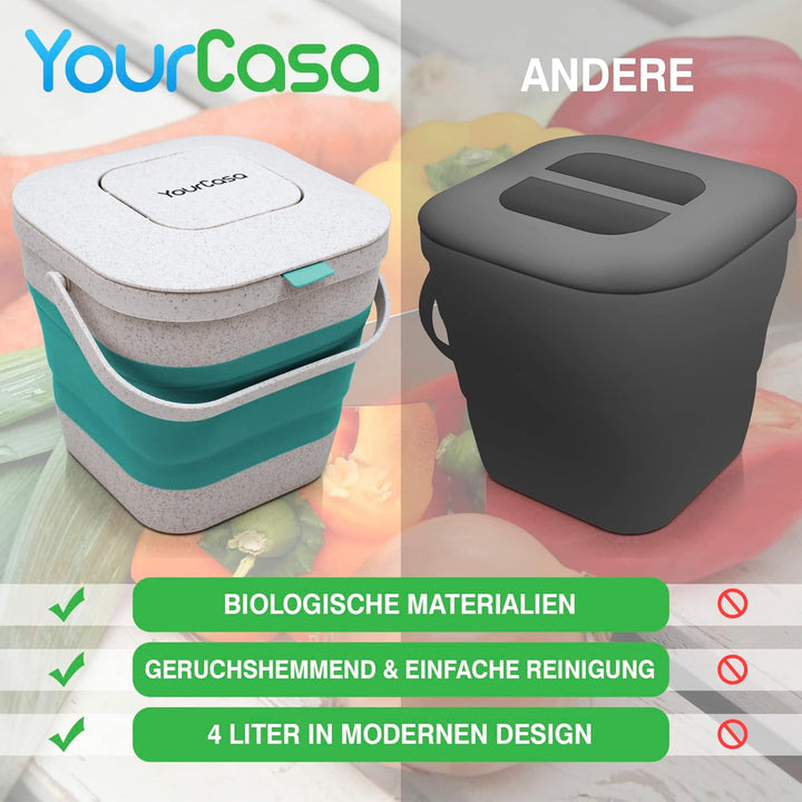YourCasa® Faltbarer Biomülleimer 4L - kompakter Bio Mülleimer mit geruchsdichtem Aktivkohlefilter-De