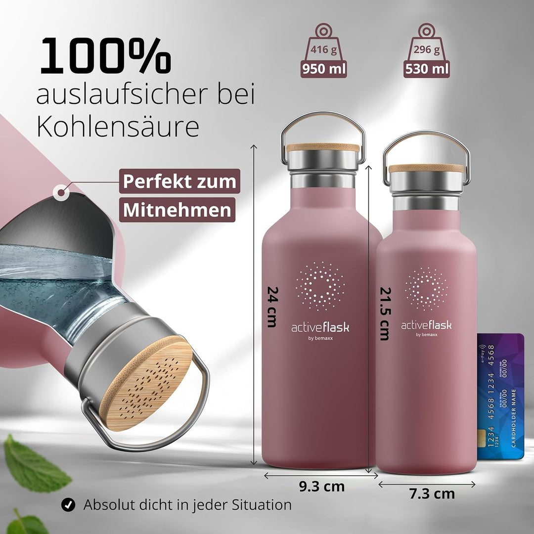 Trinkflasche Edelstahl mit Strohhalm, Infuser + 3 Deckel: BPA-frei, Auslaufsicher, Kohlensäure geeig