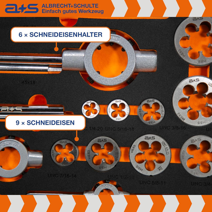a+s UNC Gewindeschneider Set Zoll | HSS-G, 1/4''–1'', 46-teilig | Gewindebohrer, Schneideisen, Verst