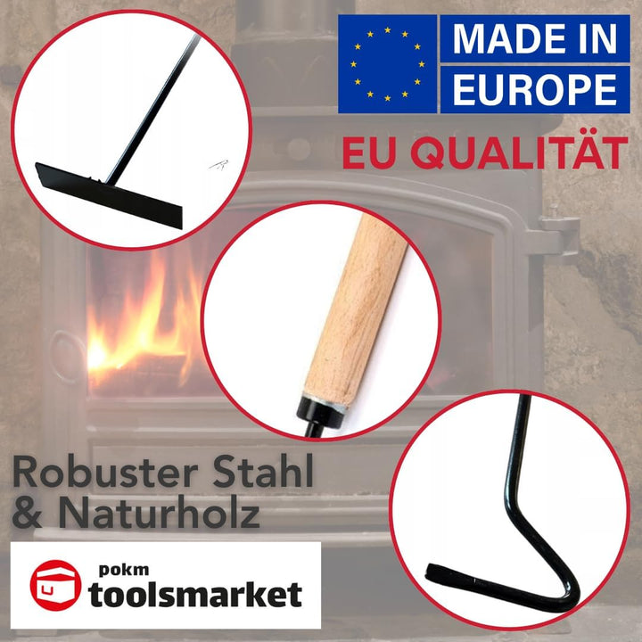 pokm toolsmarket - 4 Tlg. SET Heizkesselbürste Ø80mm + Schubstange + Schürhaken 50cm + Ascheschaber
