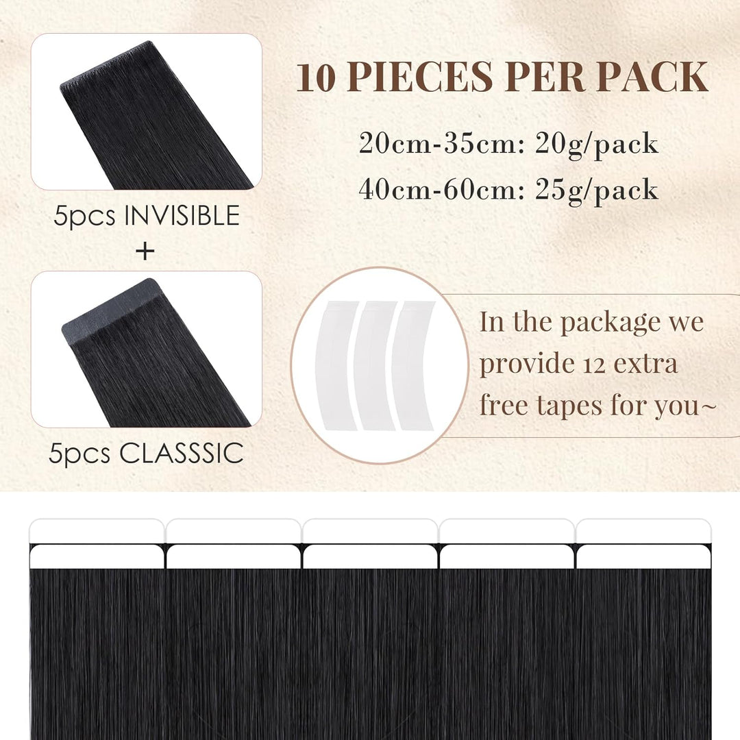 Elailite Tape Extensions Echthaar #1 Schwarz, 10 Stück Unsichtbar Kleber Haarverlängerungen 20g, 25c