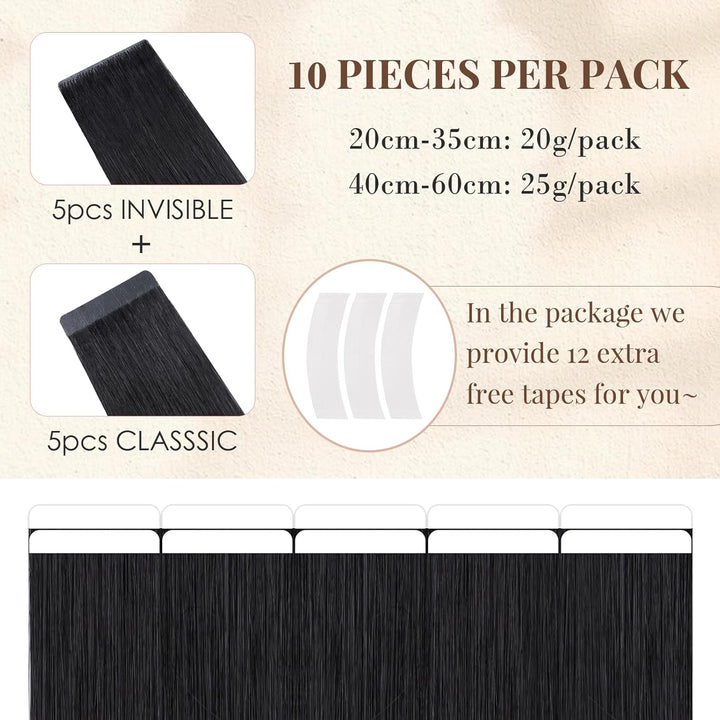 Elailite Tape Extensions Echthaar #1 Schwarz, 10 Stück Unsichtbar Kleber Haarverlängerungen 20g, 25c