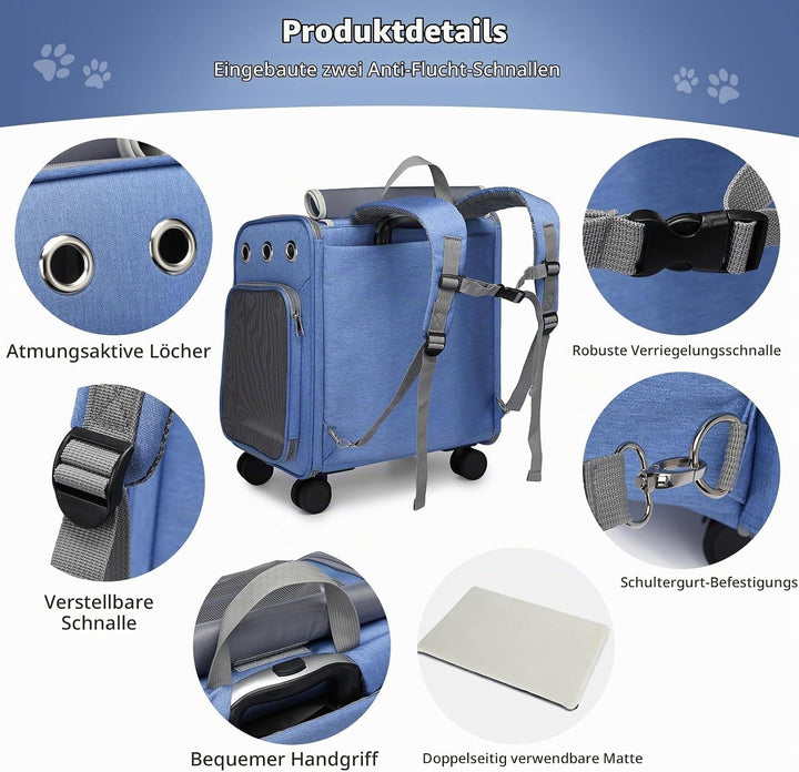 PETCUTE Katzenrucksack Hunderucksack mit Trolley 2 in 1 bis 11 kg,Faltbarer Hundetrolley mit 4 Räder