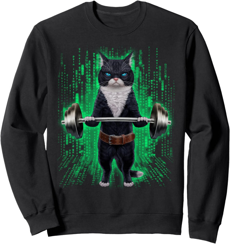 Bicolor Katze, die Gewichte im Cyber-Fitnessstudio hebt Sweatshirt