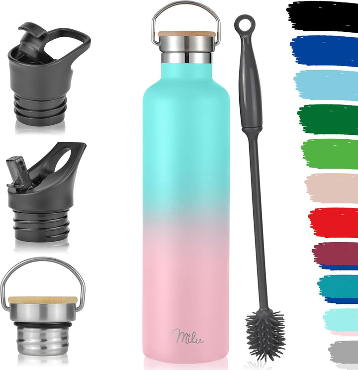 Milu Edelstahl Trinkflasche 500ml, 750ml, 1000ml (+3 Deckel) - Thermosflasche mit Strohhalm, Isolier