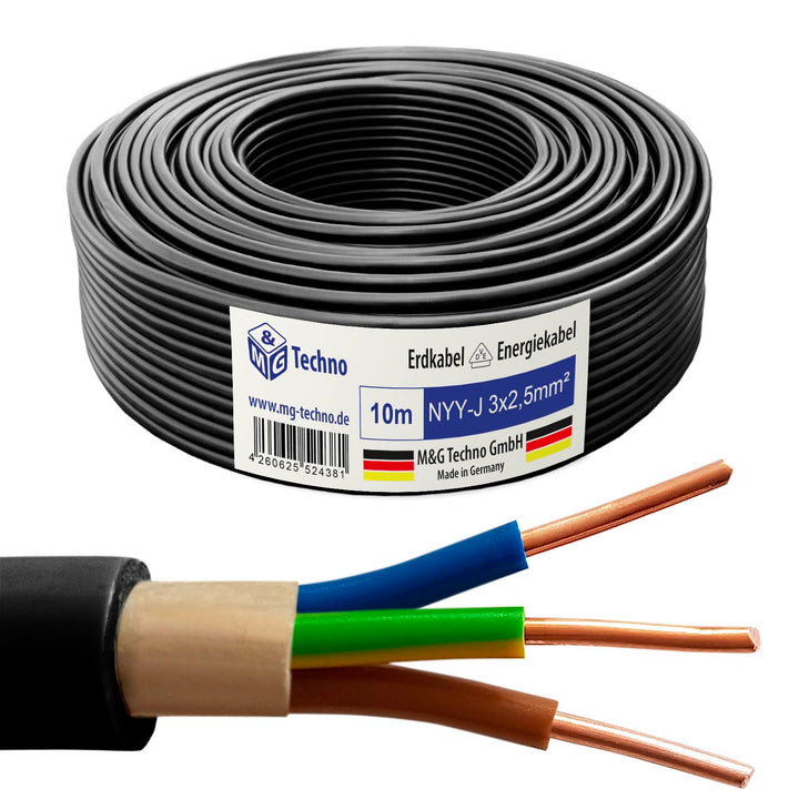 M&G Techno 10m NYY-J 3x2,5 mm² Erdkabel Elektro Strom Kabel Kupfer eindrähtig Made in Germany 10m NY