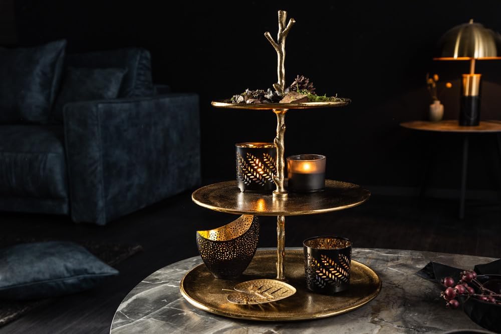 riess-ambiente.de Elegante Etagere Abstract 48cm Aluminium Gold mit DREI Etagen Servierständer Obsts