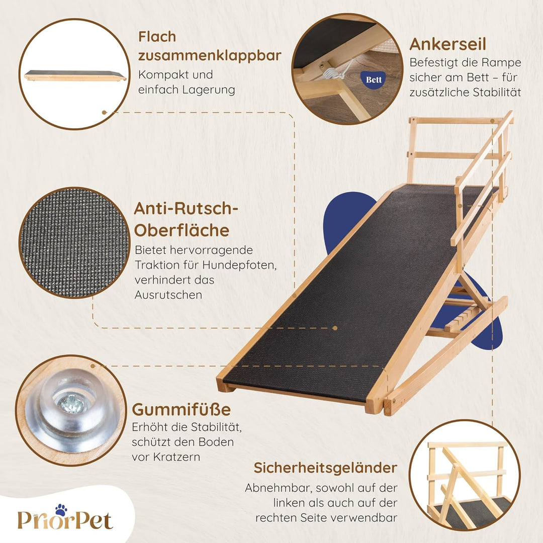 Hunderampe Bett mit Sicherheitsgeländer - Für Grosse Hunde bis zu 90 kg - Höhenverstellbare hundetre